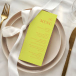 Modern Chartreuse Persimmon Elegant Wedding Menu Menükarte<br><div class="desc">Set the tone for your wedding reception or special event with this timeless and elegant printed menu design. Featuring a chartreuse and persimmon layout with sophisticated script accents, this menu adds a refined touch to your table settings while guiding your guests through a delightful dining experience. Perfect for formal occasions...</div>