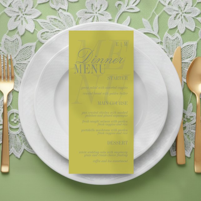 Modern Chartreuse Script Formal Wedding Menükarte (Set the dinner tables of your big day with this Modern Script Citrus Green Formal Wedding Menu! )