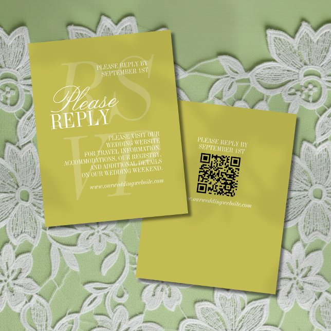 Modern Chartreuse Script QR Code Formal Wedding  RSVP Karte (Invite guest to give their response for your big day with this Modern Script Citrus Green RSVP!)