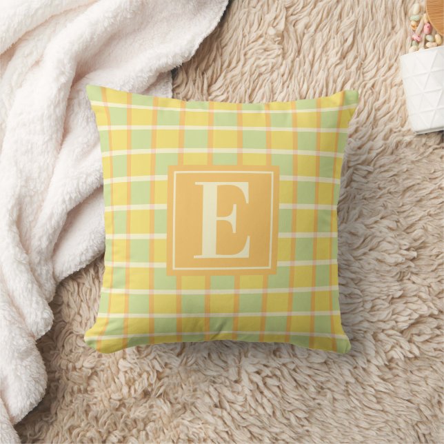 Modern Checker Green Yellow Orange Monogram Kissen (Decke)