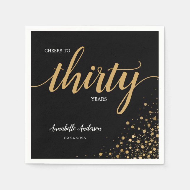 Modern Cheers Black Gold Confetti 30. Geburtstag Serviette (Vorderseite)