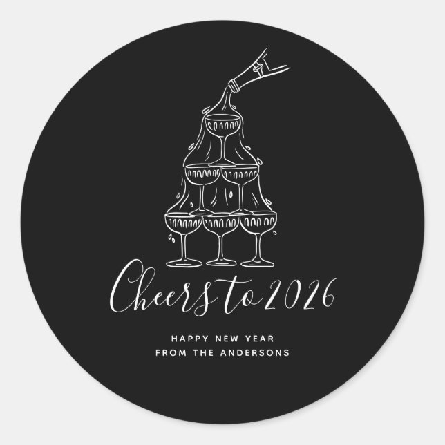 Modern Cheers to the New Year Black Hand Drawn Runder Aufkleber (Vorderseite)