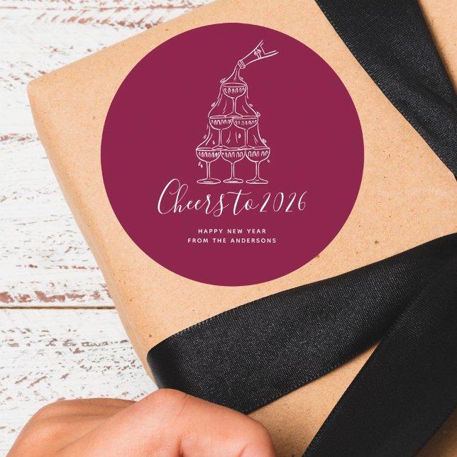 Modern Cheers to the New Year Red Hand Drawn Runder Aufkleber (Von Creator hochgeladen)