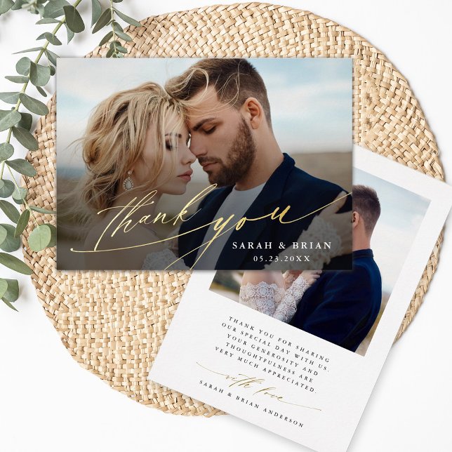 Modern Chic 2 Foto Gold Foil Danke Karte (Front & Back)