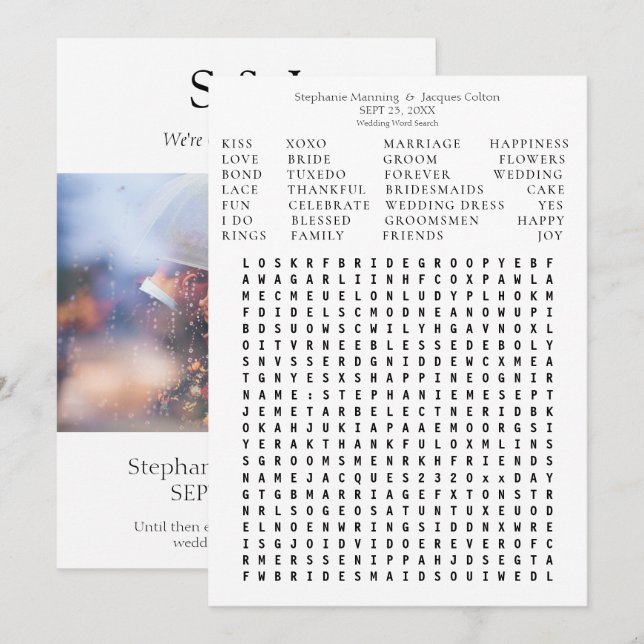 Modern Chic Al White Wedding Word Search Rett Date Einladung (Vorne/Hinten)