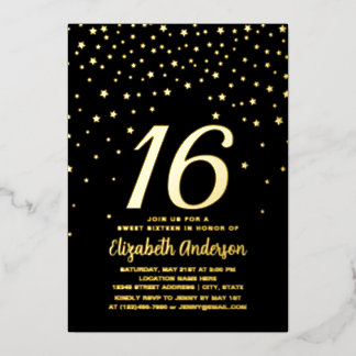 Modern Chic Black and Gold Stars Sweet 16 Geburtst Folieneinladung
