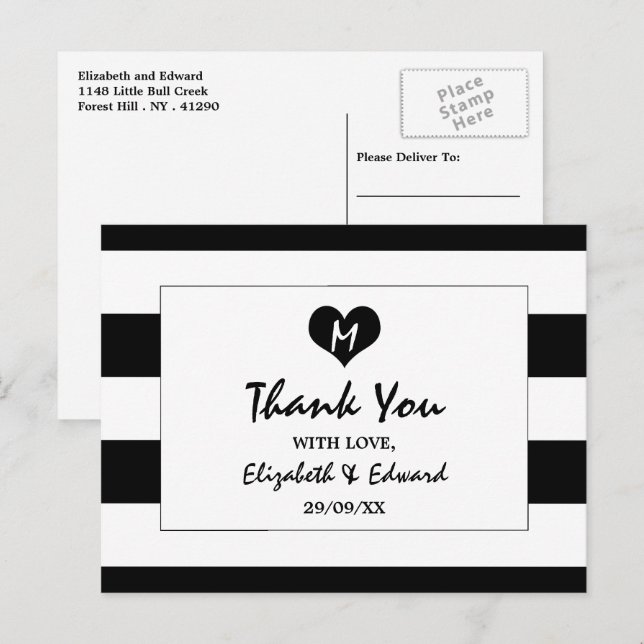Modern Chic Black and White Wedding Vielen Dank Postkarte (Vorne/Hinten)