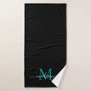 Modern Chic Black Aquamarin Green Monogram Script Badehandtuch