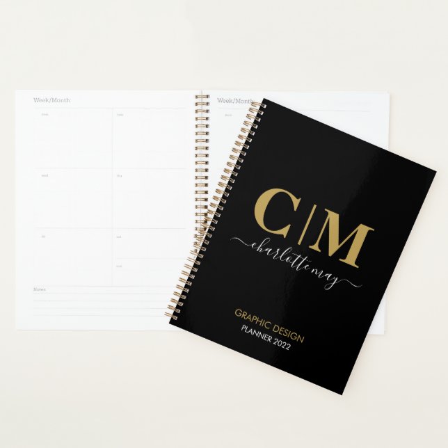 Modern Chic Black Gold Monogram Name Business 2022 Planer (Anzeige)