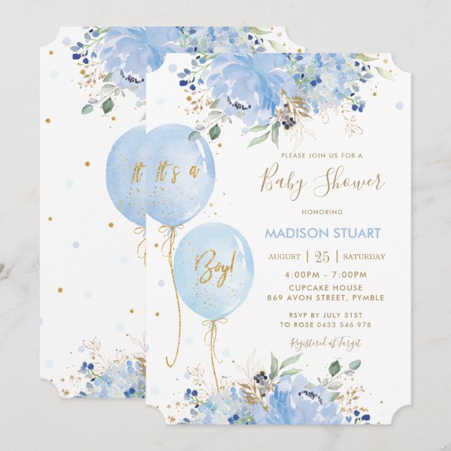 Modern Chic Blue Floral Balloons Boy Baby Dusche I Einladung (Vorne/Hinten)