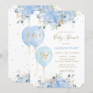 Modern Chic Blue Floral Balloons Boy Baby Dusche I Einladung