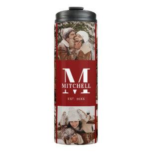 Modern Chic Burgundy Mit Monogramm & Foto Collage Thermosbecher