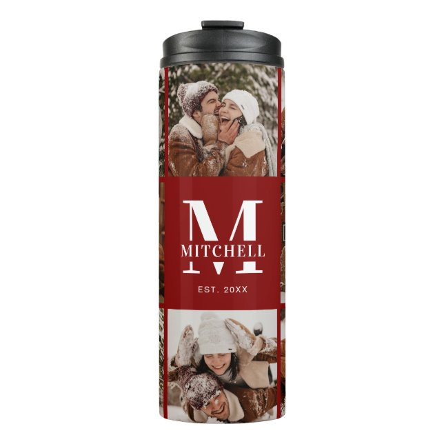 Modern Chic Burgundy Mit Monogramm & Foto Collage Thermosbecher (Vorderseite)