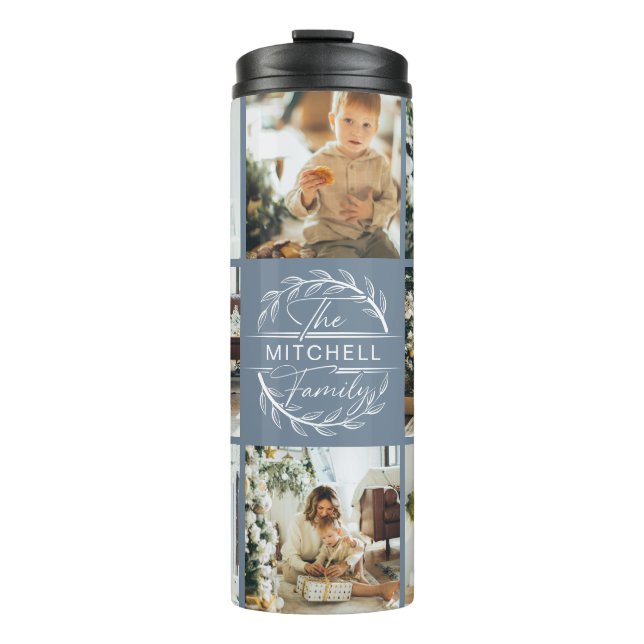 Modern Chic Dusty Blue Mit Monogramm & Foto Collag Thermosbecher (Vorderseite)