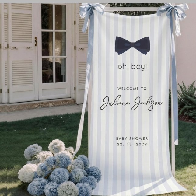 Modern Chic Dusty Blue Oh Boy Bow Willkommen Banner (Von Creator hochgeladen)