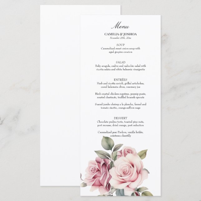 Modern Chic Elegant Romantic Pink Rose Wedding Menükarte (Vorne/Hinten)