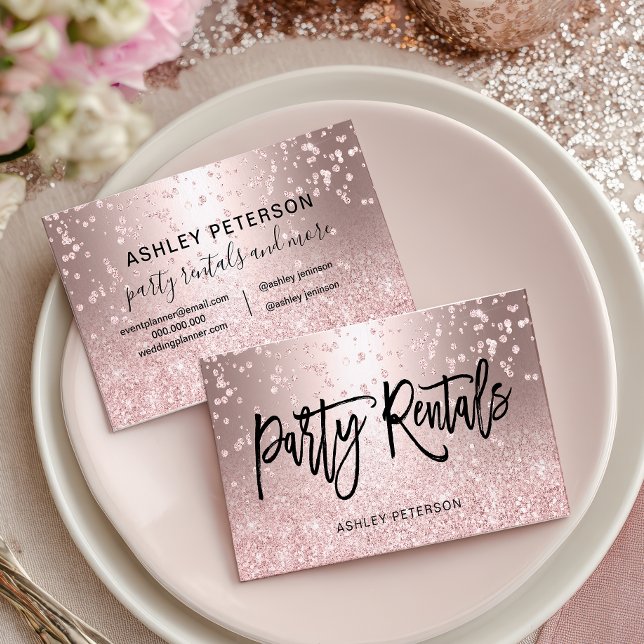 Modern Chic Glam Rose Gold Glitter Party Rentals Visitenkarte (Modern Chic Glam Rose Gold Glitter Party Rentals Business Card)