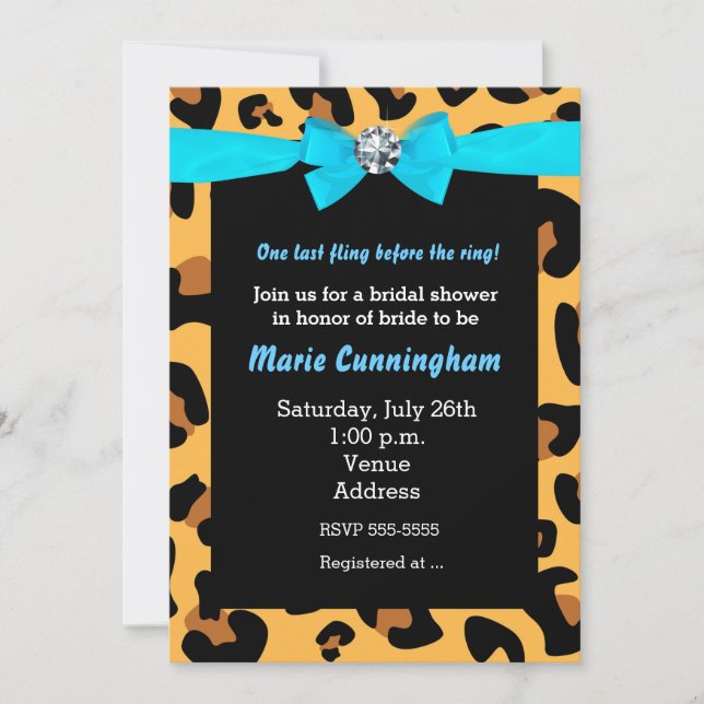 Modern Chic Leopard Print Aqua Blue Bow Party Einladung (Vorderseite)
