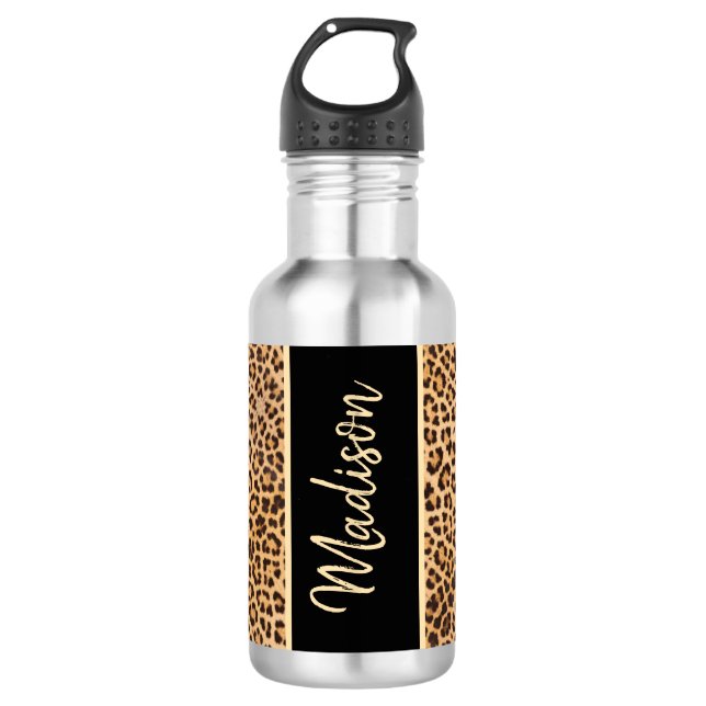 Modern Chic Leopard Print Black Personalisiert Edelstahlflasche (Vorderseite)