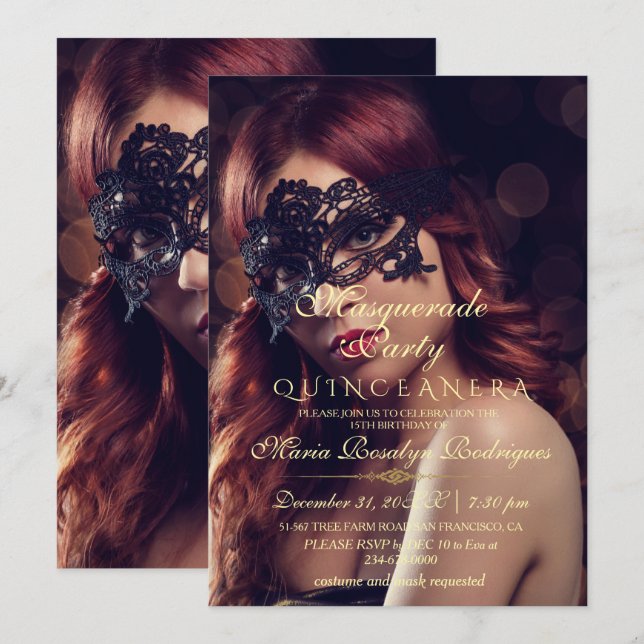 Modern Chic Masquerade Quinceanera Foto Einladung (Vorne/Hinten)