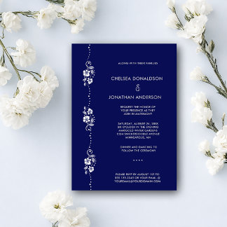 Modern Chic Minimal White Floral Navy Blue Wedding Ankündigung