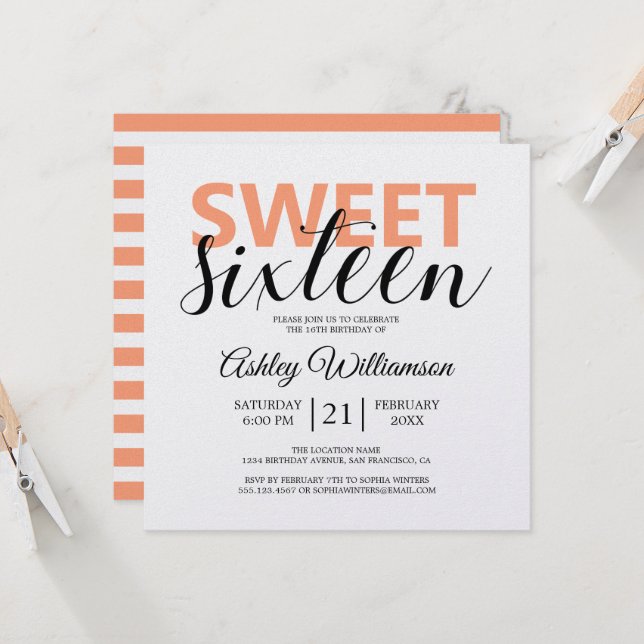 Modern Chic Orange White Stripes Sweet 16 Einladung (Vorderseite/Rückseite Beispiel)