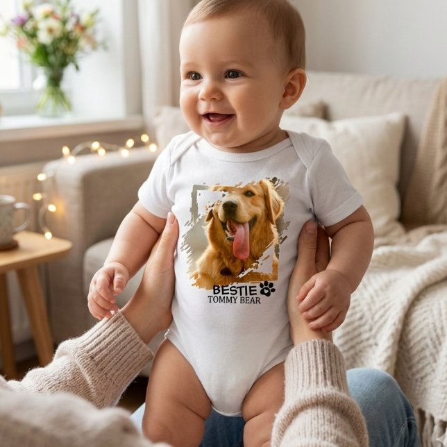 Modern Chic Pet Bestie BFF Custom Photo & Name Baby Strampler (Minimalist Modern Chic Pet Bestie BFF Photo Design Bodysuit)