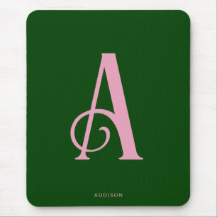 Modern Chic Pink Monogram Initial on Dark Green Mousepad
