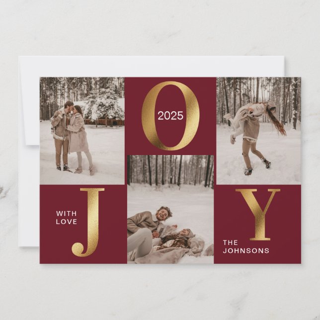 Modern Chic Red and Gold Joy Frohe Weihnachten Fot (Vorderseite)