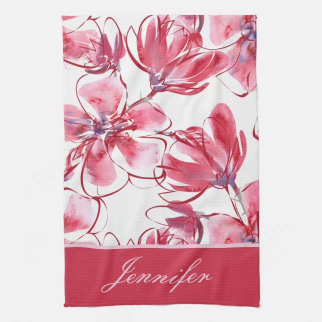 Modern Chic Red Tropical Floral Personalisiert Nam Geschirrtuch (Vertikal)