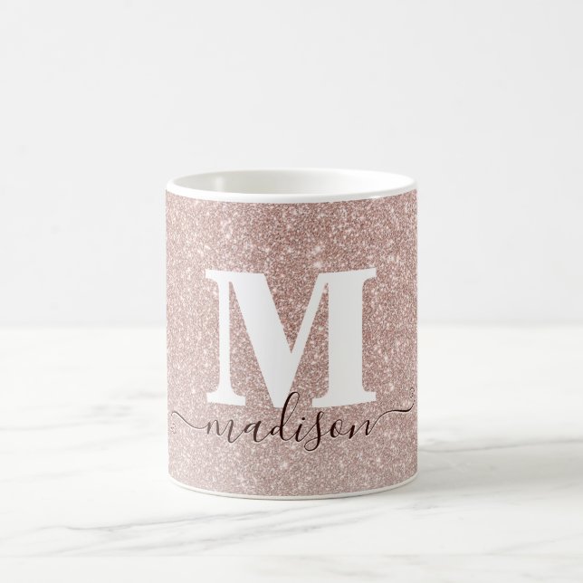 Modern Chic Rose Gold Pink Glitzer Monogram Script Kaffeetasse (Mittel)