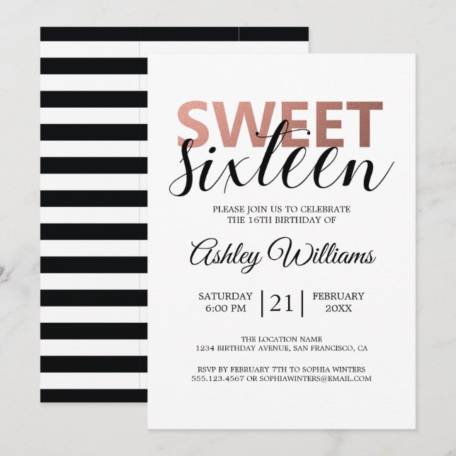 Modern Chic Schwarz-weiß Stripes Rosa Sweet 16 Einladung (Vorne/Hinten)