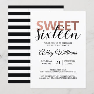 Modern Chic Schwarz-weiß Stripes Rosa Sweet 16 Einladung
