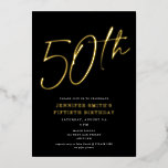 Modern Chic Script 50. Geburtstagsparty Folieneinladung<br><div class="desc">Diese moderne 50. Geburtstagsparty lädt mit einem schicken schwarzen Hintergrund, erhöhter Goldfolienskript und flacher weißer moderner Typografie ein. Das Skript sagt "50.". Alle Farben sind vollständig und einfach anpassbar. Sie können sogar ein Foto auf der Rückseite hinzufügen! Benutzen Sie einfach das "Design Tool" im Dropdown-Menü Personalisierung. Hochgezogene Folie ist in...</div>
