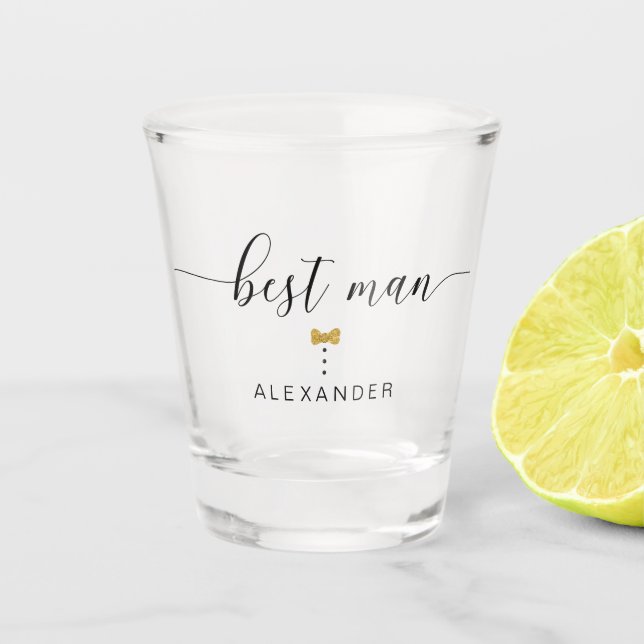Modern Chic Script Trauzeuge Gold Bow Krawatte Nam Schnapsglas (Vorderseite)