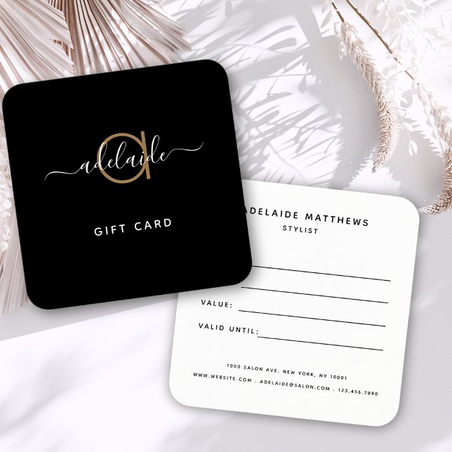 Modern Chic Simple Monogram Black Gold Gift Card (Von Creator hochgeladen)