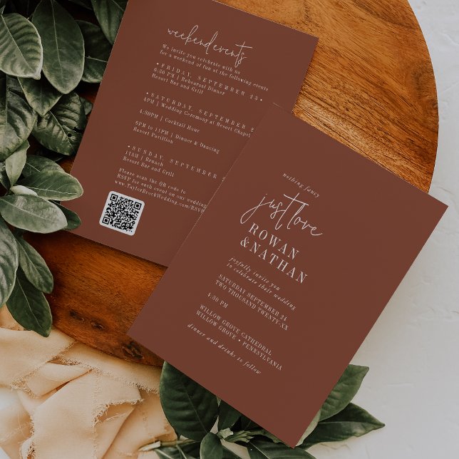 Modern Chic Terracotta Weekend Events QR Hochzeit Einladung (Von Creator hochgeladen)
