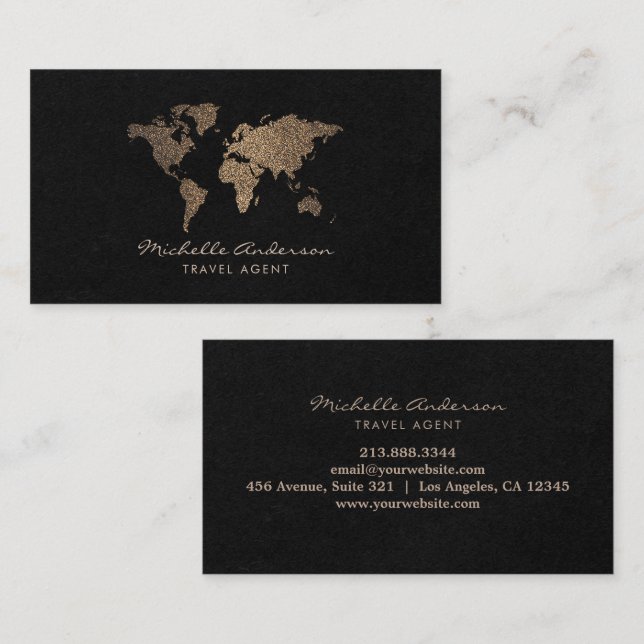 Modern Chic Travel Agent World Map Gold Glitzer Visitenkarte (Vorne/Hinten)