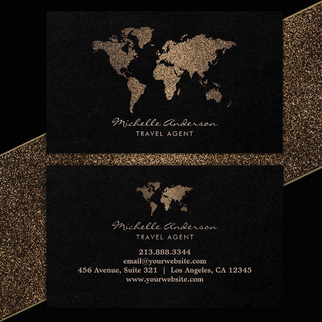 Modern Chic Travel Agent World Map Gold Glitzer Visitenkarte (Von Creator hochgeladen)