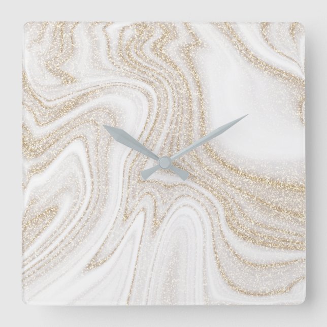 Modern chic white marble gold glitter quadratische wanduhr (Vorderseite)