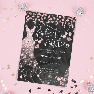 Modern Chick Rose Gold Glitzer Sweet 16 Einladung
