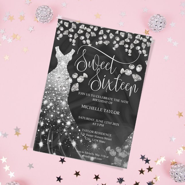 Modern Chick Silver Glitzer Sweet 16 Einladung (silver glitter diamond dress birthday invitation
)
