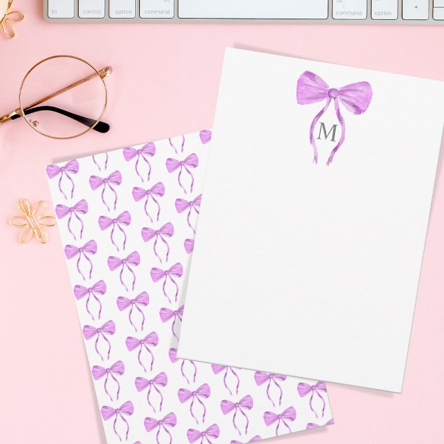 Modern Chick Watercolor Bow Monogram Mitteilungskarte (purple watercolor bow)