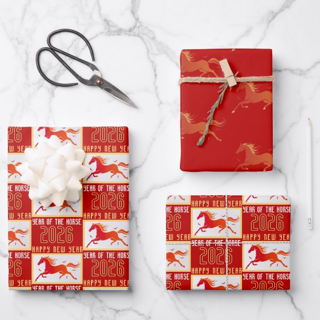 Modern Chinese Horse New Year 2026  Geschenkpapier Set (Vorderseite)