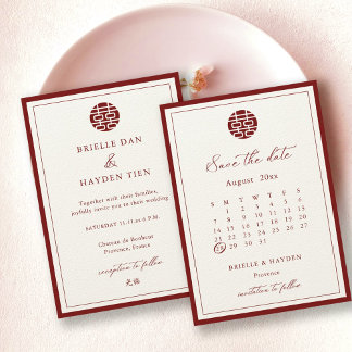 Modern chinesischer Champagner Rot Save the Date Einladung