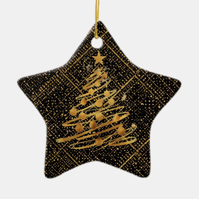 Modern, Chrismas Tree, Black Gold Cross Pattern Keramik Ornament (Vorne)