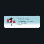 Modern Christmas Address Label<br><div class="desc">Label mit einer niedlichen Abbildung eines Mädchens in Rot und Schwarz mit Weihnachtsmütze,  die ihre Einkaufstaschen hält,  und im Hintergrund eine Gradation von Blau- und Schneeflocken,  die vom Himmel fallen.</div>