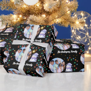 Modern Christmas Family Snowman Foto und Name Geschenkpapier