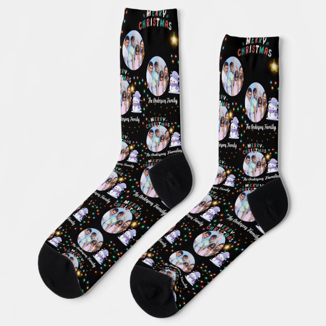Modern Christmas Family Snowman Foto und Name Socken (Linkes Detail)