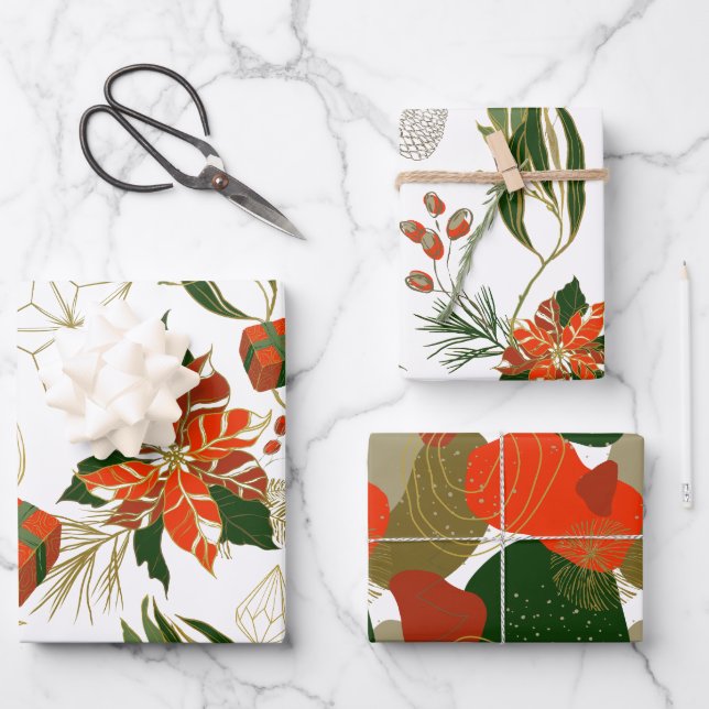 Modern Christmas Florals Greenery Geschenkpapier Set (Vorderseite)